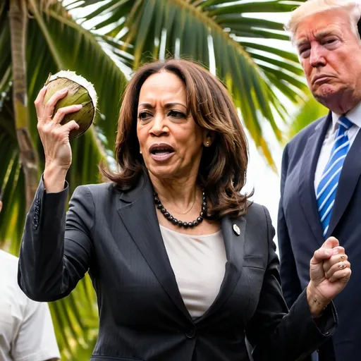 Prompt: Kamala Harris standing in front of a coconut tree while holding a coconut in her right hand. She raises her right hand as a fist. Donald Trump in the background crying. 