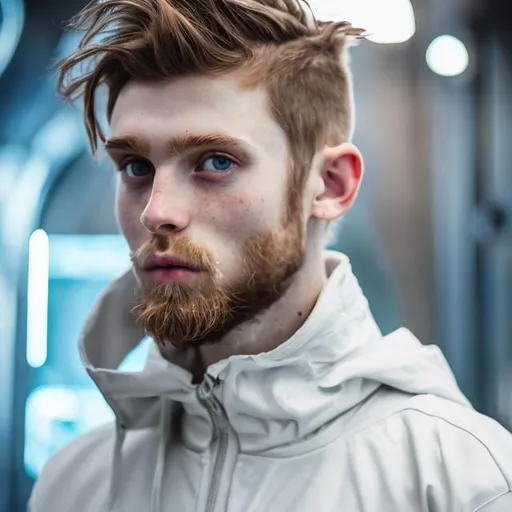 Prompt: human. guy. 23. blue eyes. chestnut brown hair with gentle waves. strong. sharp jawline. short beard. white skin. futuristic clothing. detailed. realistic. full body