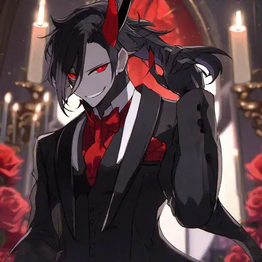 Prompt: Damien  (male, short black hair, red eyes) demon form, wearing a tuxedo, standing at the altar, grinning seductively
