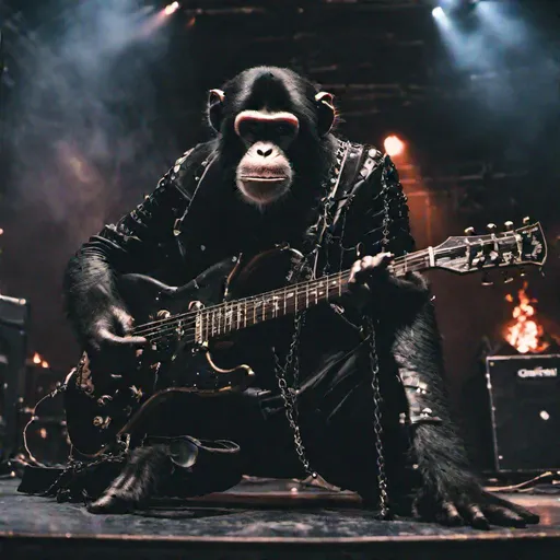 Prompt:  hyperealistic_ monkey huitar plauerplayer in goth metal band_wearing leather and chains_playing music on stage_cenematic long shot 4k_fire on stage