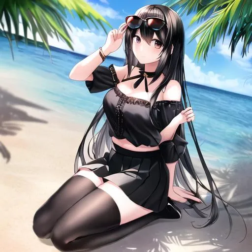 Prompt: High-quality high-detail, female, beautiful,thicc, puffed cheeks, sunnny background,full body shown, long silky black hair, black sunglasses, Black Shirt, shoulders revealed, black skirt. Sapphire eyes