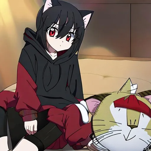 Prompt:  anime girl with cat ears black oversized hoodie and black socks and cute red eyes