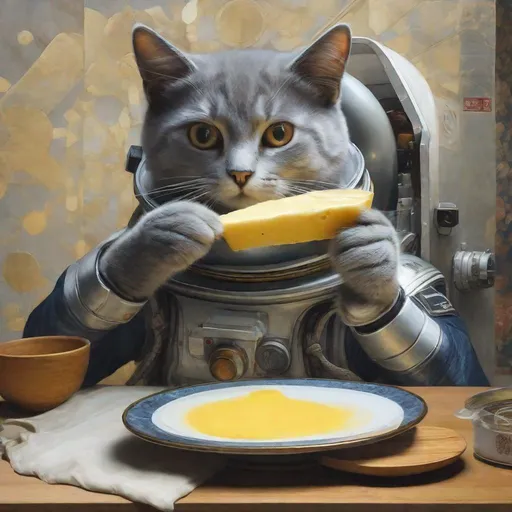 Prompt: 15th Century Japanese painting of a grey cat in a space suit eating butter. Exquisite Detail Everything is perfectly to scale, Aesthetically Brilliant with a cool ambience HD, UHD, 8k Resolution, Vibrant Colorful Award winning 