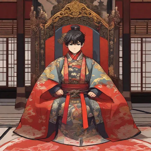 Prompt: A young boy in japanese medieval imperial dress. In background a imperial throne room. Anime art. Studio Mappa art. 2d. 2d art. Well draw face. Detailed. Dynamic Pose.