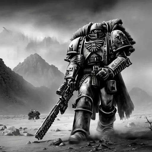 Prompt: warhammer 40k, guerilla warfare, desert poncho, charge, attack, raid, battle, oil rig, mountain, desert, poncho, monochrome