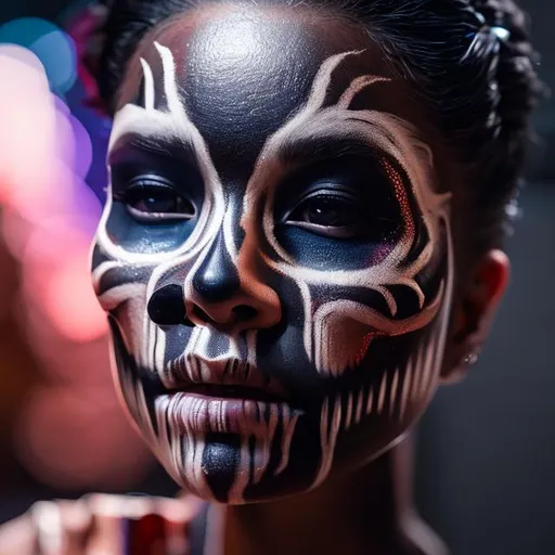 Prompt: super fine detail, hyper-realistic, 8k Ultra-realistic, ultra high definition, Ultra realistic, natural lighting, cinematic lighting, cinematic shadows, high quality, fine-tuned, realistic, ultra-high resolution, composition, upscale image, face paint, skull face paint, blacklight paint, neon.