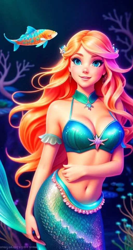Prompt: fantasy genre, disney art style, disney princess, multi-color hair, side lighting, volumetric lights, symmetrical face, freckles, on coral 
reef, full body, 8k Quality, visible cleavage, mermaid, non human, koi, fish scales
