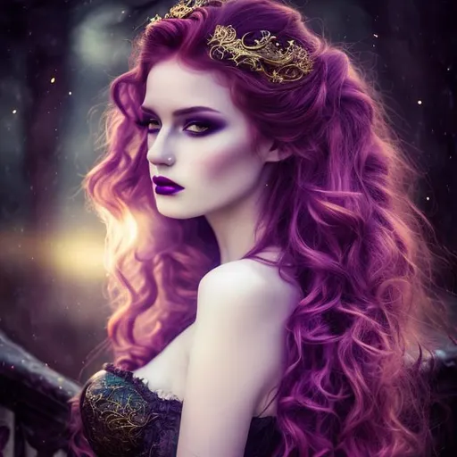 Prompt: HD, 4K, 3D, Stunning, magic, cinematic camera, gothic beauty, ethereal,gothic enchanted,gothic queen, light contrast, long, curly redhead hair, lovely, romantic, tender, purple light, purple and green sunstrails, moon glow, perfect female beauty, intricate, pale traslucent skin, golden ratio, look in camera, gorgeous sinuous body, female body,gorgeous eyes