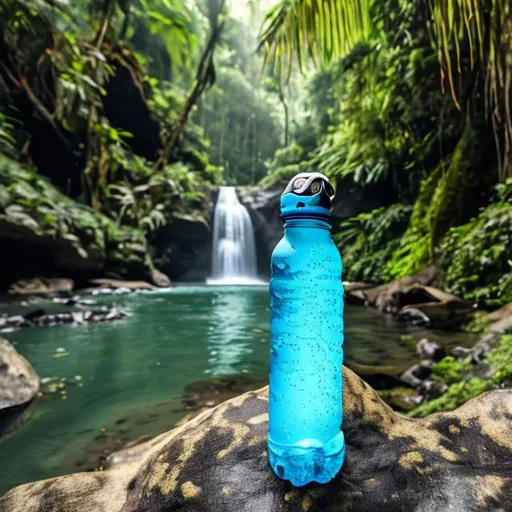 Prompt: A normal looking water bottle in the jungle behind it is a waterfall and it's on a rock 