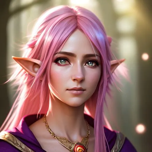 Prompt: portrait photo of a quirky free spirit half-elf female mage with pink messy hair wearing robes, necklace, bug eyes, (backlighting:1.4), digital painting, concept art, smooth, sharp focus, rule of thirds, dark fantasy, intricate details, medium shot, (shallow depth of field:1.1), front view direct, high resolution, realistic art, best resolution, best quality, masterpiece face, masterpiece resolution 