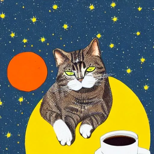 Prompt: a cat sitting on the moon with a book and coffee
