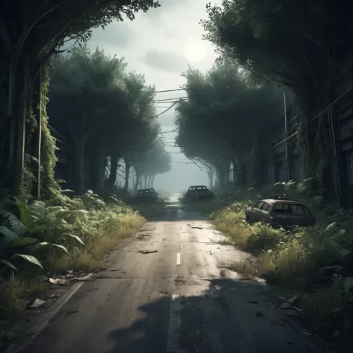 Prompt: Abandoned desolate highway overgrown with vegetation, The Last of Us style, night, high-quality, detailed 3D rendering, post-apocalyptic, eerie atmosphere, creepy lighting, overgrown vegetation, decaying vehicles, atmospheric fog, hauntingly beautiful, desolation, dramatic shadows, abandoned, dark tones, overgrown, night time, detailed textures, professional 3D rendering, atmospheric lighting, seen from distance
