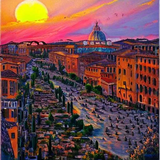 beautiful painting of rome italy with birds and a su... | OpenArt