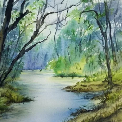 Prompt: water colour, mystic large river bank on the left.  A forest on the right.
