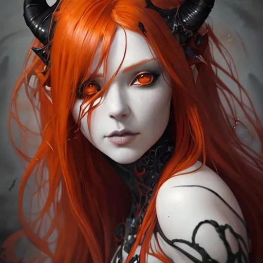 Prompt: portrait of beautiful demon woman: orange_red hair, hazel eyes, midjourney, watercolour art by WLOP: Klimt: nekro: oil painting: high contrast: 3D: ultra fine_art: dramatic lighting: fantasy: sharp focus: pencil sketch: professional photography: ZBrushCentral: finalRender: Unreal Engine 5: Deep colors: depth of field: Trending on Artstation, Black pen: 8k resolution photo realistic masterpiece: Ismael Inceoglu: intricately detailed painting: Tom Bagshaw: acrylic: watercolour art, volumetric lighting maximalist photo illustration: concept art intricately detailed: smoke art: complex: expansive: fantastical