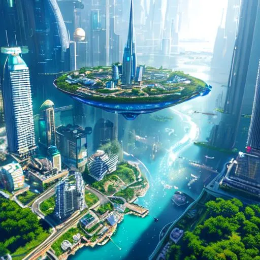 Prompt: Ultrarealistic 8k Portrait of futuristic utopian city floating on a cloud with waterfall, busy city sky, flying space ships, paradise, peaceful and modern, minimalistic, big windows, natural lighting, plants, cyber punk, Sci-Fi, lots of details rendered in Unreal Engine 5hand holding electric energy ball clear crystal particles rendered in the style 3d dragon ball z,Unreal Engine 5, 