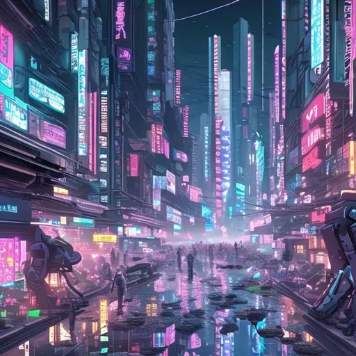 Prompt: Cyberpunk city anime realistic 4k crowded with people and robots