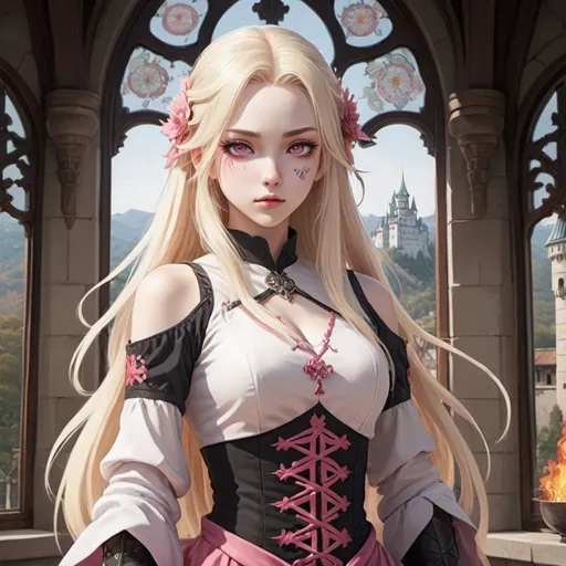 Prompt: An anime character  has long light blond hair,  pink red pupils, very white skin, and is female. The young lady has a mix of gothic style, Western fantasy, European dress, Korean comic style, and Chinese influence. The background is  at a  gorgeous and fancy castle with many windows and a tall roof. Holding a long sword, she chopped off the heads of more than a dozen people.She also practiced the magic of fire