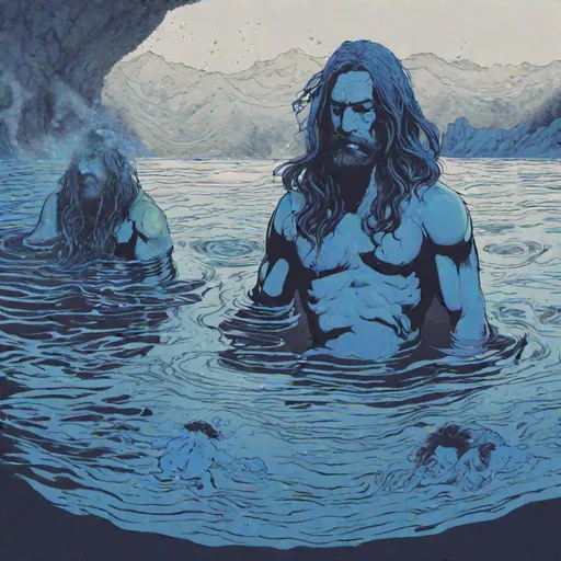 Prompt: dark and royal blue cover art for an experimental album named "Swim". the illustration represents a man with long hair dying in a hot spring next to his clone