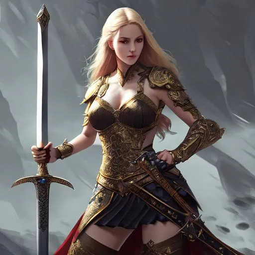Prompt: super gorgeous Lady, holding a sword, full body, hyperrealistic, super detailed, 8k, high quality, lifelike, sharp focus, cinematic, fantasy background 