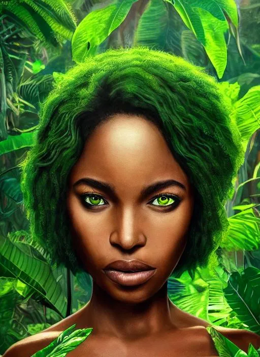 Prompt: Portrait of the mother nature with a green bob and dark skin, in the jungle, perfect composition, hyperrealistic, super detailed, 8k, high quality, trending art, trending on artstation, sharp focus, studio photo, intricate details, highly detailed, anatomically correct