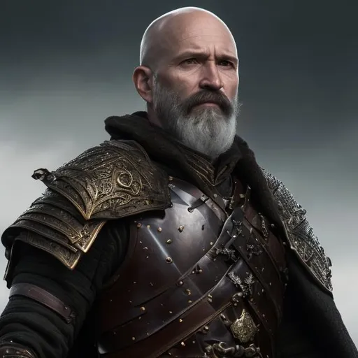 Prompt: uhd, very detailed, noble, exiled, swashbuckler,  bald, no hair, bald, long lenth gray beard, 40 years old, black coat over armor, strong, determined, full character view, plain background, fantasy