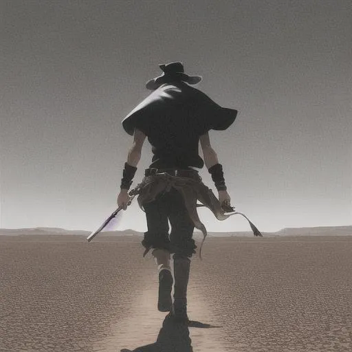 Prompt: The back of  man walking through the desert, he wars a black hat and has two revolvers