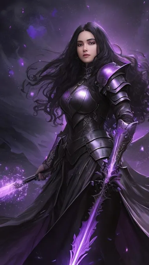 Prompt: a Caucasian woman with long curly black hair in black crusader armor with a sword in the middle of a dark crater filled with glowing purple crystals. the sky is dark and she is surrounded by magical purple sparks. Behance hd,
