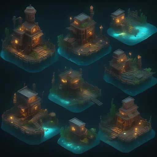 Prompt: 3D rendered isometric underwater steampunk lost city with lights, realistic,underwater facility, sinister, dark, mysterious, handpainted, game assets, asset sheet, sprite sheet, in the style of ArtGerm, Andreas Rocha, Atey Ghailan, Arkhip Kuindzhi, 8k