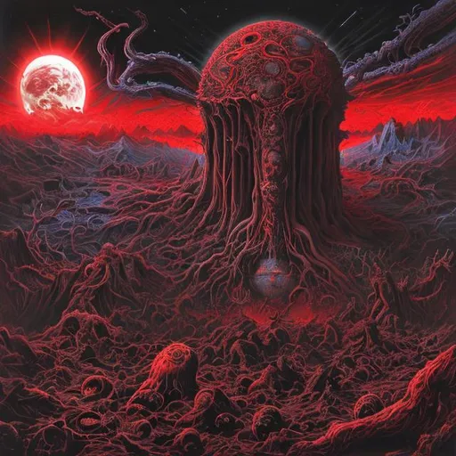 Prompt: red and black cosmic rot. hyperdetailed. cosmic horror. concept art. album cover 