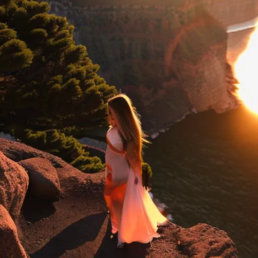 Prompt: woman standing on cliff, sunset, lens flare, tree, silhouette, beautiful scenery, landcape