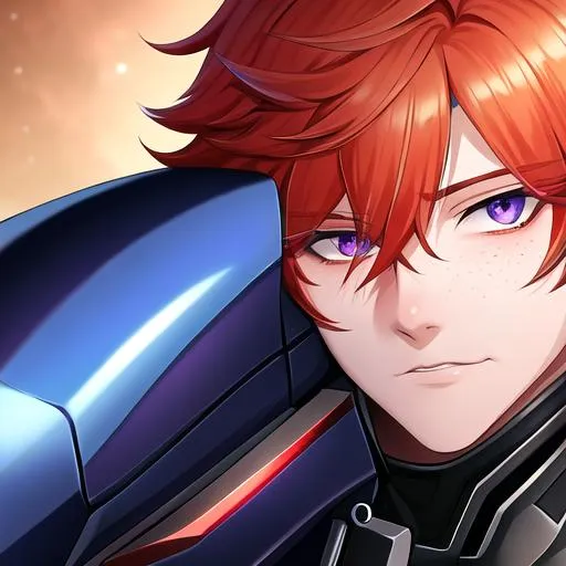 Prompt: Erikku male (short ginger hair, freckles, right eye blue left eye purple) UHD, 8K, Highly detailed, insane detail, best quality, high quality, Upset, muscular, riding a motorcycle