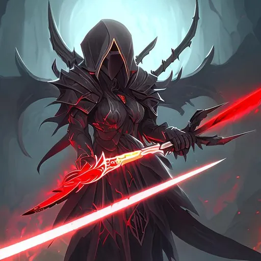 Prompt: A scythe with a red sharp glowing blade 