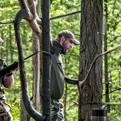 Prompt: Two Hunters in a deer stand pointing rifles at each other, one is deranged and the other is scared