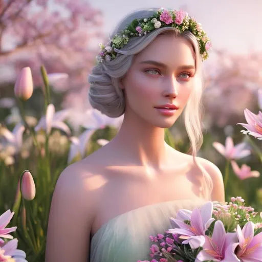 Prompt: HD 4k 3D 8k professional modeling photo hyper realistic beautiful woman ethereal greek goddess of modesty
soft pink hair green eyes gorgeous face fair skin flower crown shimmering dress with flowers modest jewelry full body surrounded by magical glowing pure light hd landscape background spring meadow with doves and lilies