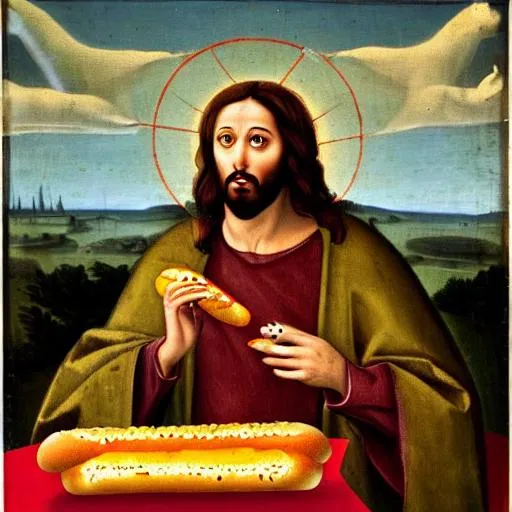 Prompt: Jesus Christ eating a hot dog as a Renaissance painting 