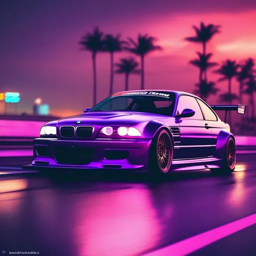 Prompt: 2001 BMW M3 E46 GTR, synthwave, aesthetic cyberpunk, miami, highway, dusk, neon lights, coastal highway, dusk, neon lights, coastal highway, sunset, drift, nurburgring