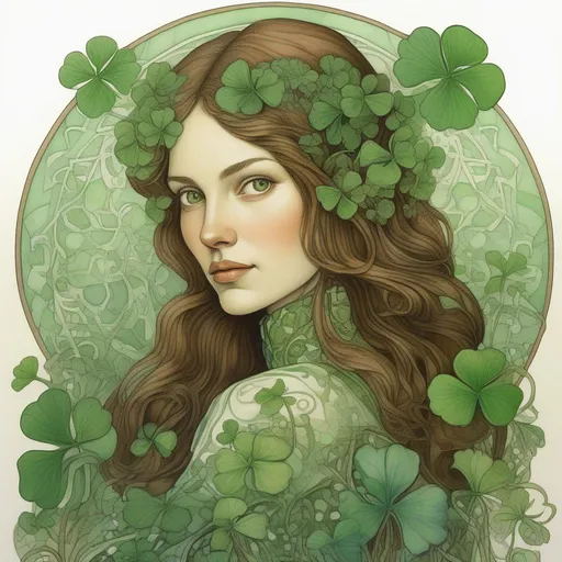 Prompt: portrait of a beautiful brown haired woman with green clovers, intricate, sharp focus, in the style of Ivan Bilibin, Ernst Haeckel, Daniel Merriam, watercolor and ink