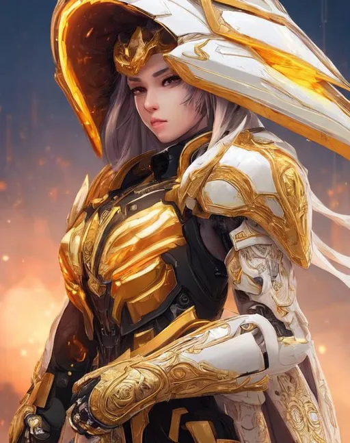 Prompt: show face, an intricate girl exoskeleton, white mate & gold armor, pale skins, juicy, futuristic mecha armor, cyberpunk light, juicy, tron, 3d, Splash art, front, epic Instagram, artstation, hyperdetailed intricately detailed, intricately detailed full helmet, unreal engine, fantastical, intricate detail, splash screen, complementary colors, Sci-fi concept art, 8k, heavy strokes, splash arts, full height, full body,