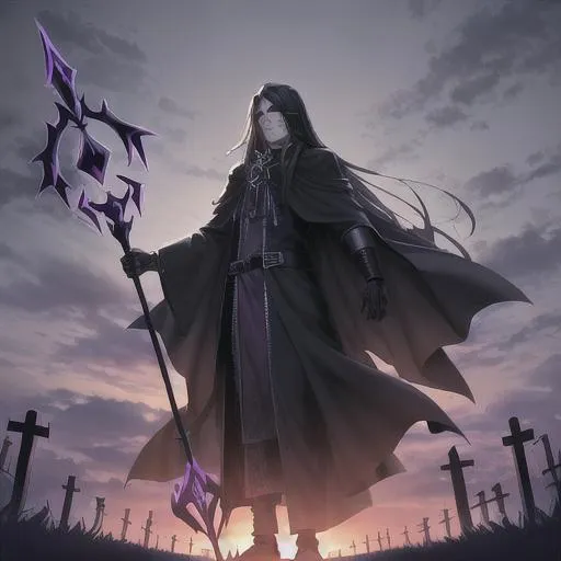Prompt: Please create an image of a necromancer standing in a dark cemetery at sunset. The necromancer is dressed in long, flowing robes that are black as night. In one hand, he is holding a twisted, gnarled staff, and with his other hand, he is evoking a skeleton that is emerging from the ground. The skeleton is made of bone, with empty eye sockets and a toothy grin, and it is reaching out with one bony hand towards the necromancer. The sky above is a deep shade of orange and purple, and the sun is almost completely hidden behind the horizon. The cemetery is filled with tall, dark tombstones and gnarled trees that cast eerie shadows on the ground. In the distance, there is a faint sound of howling wind and rattling chains. The necromancer seems to be lost in concentration, fully focused on the dark magic he is unleashing