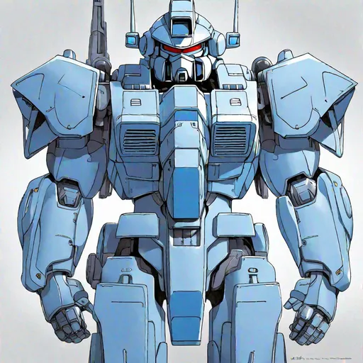 Prompt: a full figure, whole body, of a humanoid mecha. massive shoulders, massive legs, two connons for arms. Grey and blue. Zaku head. well draw head. detailed. Principality of zeon. Zaku II art. Tomino art. anime art. anime style. 2d. 2d art.