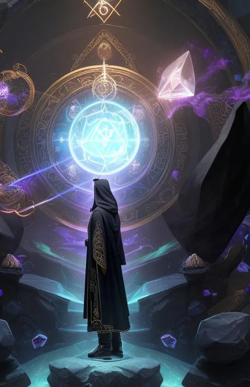 Prompt: front view of male sorcerer standing before a glowing chaotic orb, dark hair summoning wealth, treasure piling on a desk, crystals on a desk, protection, aura, skull on a desk, alchemy on a desk, papers, several amulets, dark clothing, black jacket with hood, long flowing hair, magical runes, occult, runic symbols, enochian, realistic eyes, apostate, vivid colors, masterpiece, art by HR Giger, dark contrast, 3D lighting, nighttime in the heavens, background