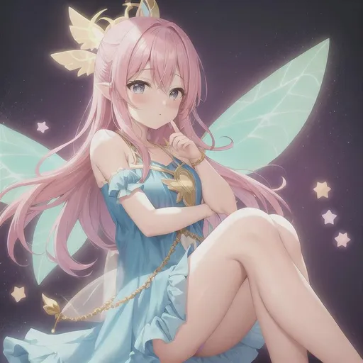 Prompt: Cute Fairy, Pink hair, Fairy wings, Ornate Navy dress, Gold trim,