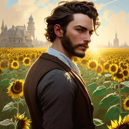 Prompt: Splash art portrait of ruggedly handsome, androgynous, dark brown haired man with short hair, light facial hair stubble, 30 years old, in a sunflower field, victorian light clothes, elegant, highly detailed, intricate, smooth, sharp focus, artstation, digital painting, concept art, art by greg rutkowski, alphonse mucha and John William Waterhouse, light, romantic, happy, soft, gentle, golden, warm, summer