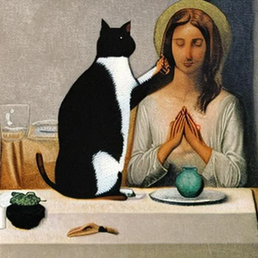 Prompt: A cat sits on a table looking at a woman who sits there with him. She shares her meager supper with him praying to God, thanking him for the meal.