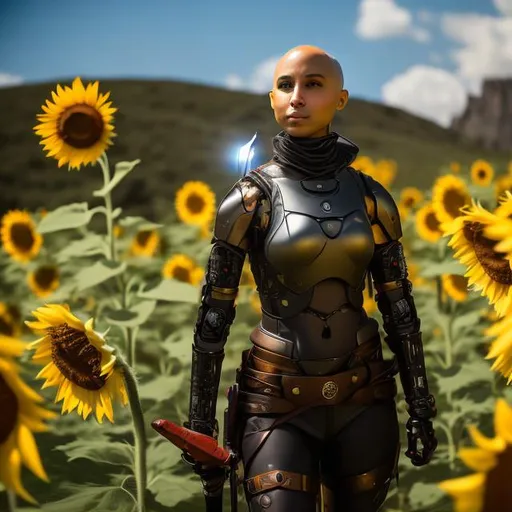 Prompt: Warm colors, 3D, HD, Epic, Gritty, Third-person, An attractive black woman ((robotic limbs)), Bald ((Hairless)), sword ((holding sword)), a field of sunflowers,