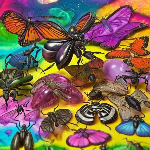 Prompt: Entomologist diorama in the style of Lisa frank 