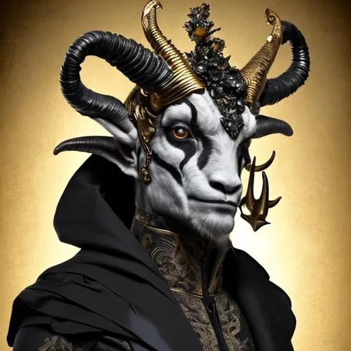 Prompt: humanoid gray goat, crowned with a pair of wickedly curved golden horns. He is dressed in a top and black suit and velvet cape, with a rose pinned on his left shoulder. Upon his head is a beau and the right side of his face is covered with a golden mask.