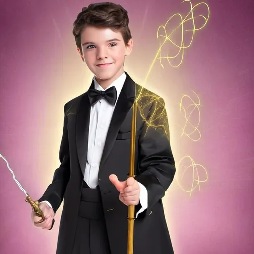 Prompt: Boy in a prom tuxedo casting a spell with his magic wand 