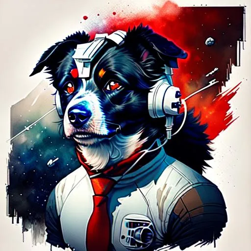 Prompt: Border Collie of White Colour Equiped with SpaceSip HeadGear, inside of a Tie-Fighter, galaxy background, star wars themed ,  super detailed , 8k, high quality, studio photo, poster , full body, Dark/Red colours contrast ,angry expression, Side View